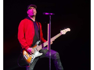 Bassist Thomas MacDonald for the pop rock band Hedley in concert at Rogers Arena , May 20 2016.