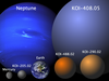 The four new planet candidates, shown to scale beside the planets Mercury, Earth and Neptune.