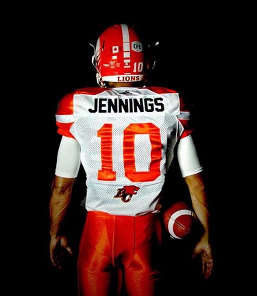 Quarterback Jonathon Jennings models the B.C. Lions’ new adidas-produced road jersey and helmet for the 2016 CFL season, part of a league-wide revamp of team uniforms.