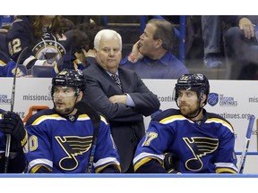 St. Louis Blues head coach Ken Hitchcock watches during the second period in Game 2 of the NHL hockey Stanley Cup Western Conference finals against the San Jose Sharks, Tuesday, May 17, 2016, in St. Louis.