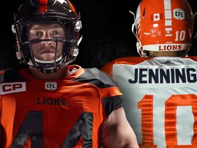 B.C. Lions Adam Bighill (left) and Jonathon Jennings model the team's new orange home and white away jerseys and helmets, part of CFL wide campaign launch on Thursday.