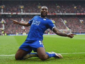 Wes Morgan of Leicester City displays his King Power pose in celebrating a goal against Manchester United last weekend at Old Trafford in Manchester, England.