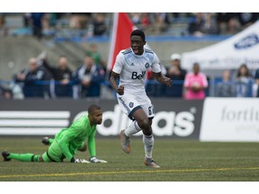 Alphonso Davies celebrates a goal with the Vancouver Whitecaps FC 2 team in United Soccer Leagues May 16 at UBC.