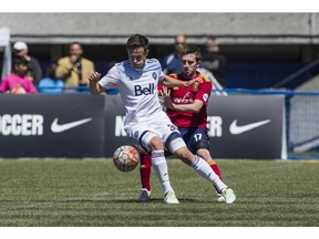 Ben McKendry controls the ball during the Vancouver Whitecaps FC 2 team's 2-2 tie against Real Monarchs SLC in United Soccer Leagues action at UBC Sunday. McKendry scored and has a good chance of playing for the main Whitecaps team Wednesday in Ottawa. Bob Frid/ Vancouver Whitecaps