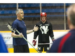 New Westminster Salmonbellies assistant coach Russ Heard speaks to the players at practice in 2013. Stuart Davis/PNG