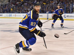 St. Louis Blues defenceman Alex Pietrangelo is all business chasing a loose puck against the Chicago Blackhawks during Game 1 of their first-round series at Scottrade Centre in St. Louis early last month.