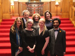The winners of the B.C. Book Prizes are, clockwise from left, Briony Penn, Alan Twigg, Annette LeBox, Alix Hawley, Raoul Fernandes, Susan Juby, and Judith Guichon - Lieutenant Governor of British Columbia (missing: Susan Musgrave and Brian Brett) Photo credit: Monica Miller.