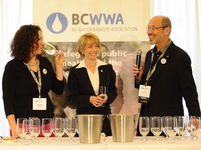 Judges Samantha Rahn and Ed McCormick sample water and discuss the importance of water systems with B.C. Water & Waste Association CEO Tanja McQueen (centre) during the third annual 'Best of the Best' Tap Water Taste Test, held in Whistler as part of the May 1-7 B.C. Water Week. (Mike Crane Photography)