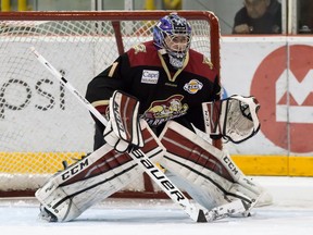 West Kelowna Warriors goalie Matthew Greenfield is out with an injury after being run by the Brooks Bandits at the Western Canada Cup.