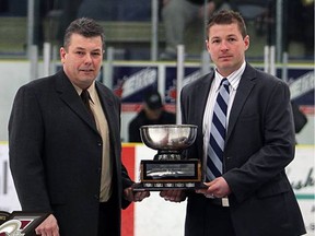Spruce Grove Saints head coach and general manager Jason McKee, right, is reported to be the next coach of the Vancouver Giants.