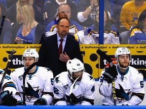 ST LOUIS, MO - MAY 15:  Head Coach Peter DeBoer of the San Jose Sharks looks on during the first period against the St. Louis Blues in Game One of the Western Conference Final during the 2016 NHL Stanley Cup Playoffs at Scottrade Center on May 15, 2016 in St Louis, Missouri.
