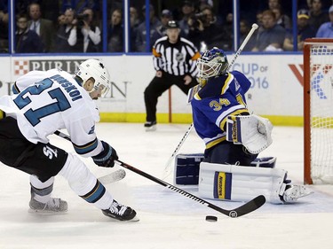 San Jose Sharks right wing Joonas Donskoi (27) chases the puck against St. Louis Blues goalie Jake Allen (34) during the third period in Game 5 of the NHL hockey Stanley Cup Western Conference finals, Monday, May 23, 2016, in St. Louis. (AP Photo/Jeff Roberson)  ORG XMIT: MOJR128