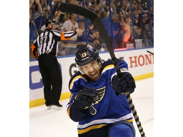 St. Louis Blues left wing Jaden Schwartz reacts after scoring against the San Jose Sharks in the first period during Game 5 of the NHL hockey Stanley Cup Western Conference finals in St. Louis on Monday, May 23, 2016. (Chris Lee/St. Louis Post-Dispatch via AP) MANDATORY CREDIT ORG XMIT: MOSTP101