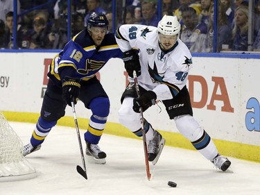 San Jose Sharks center Tomas Hertl (48) chases the puck against St. Louis Blues center Jori Lehtera (12) during the third period in Game 5 of the NHL hockey Stanley Cup Western Conference finals, Monday, May 23, 2016, in St. Louis. (AP Photo/Jeff Roberson)  ORG XMIT: MOJR129