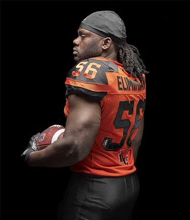 Linebacker Solomon Elimimian models the B.C. Lions’ new adidas-produced home jersey for the 2016 CFL season, part of a league-wide revamp of team uniforms.