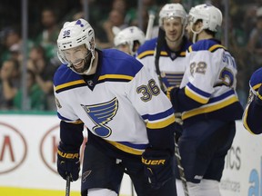 Troy Brouwer of the St. Louis Blues celebrates a goal against the Dallas Stars in the second period in Game Seven of the Western Conference Second Round during the 2016 NHL Stanley Cup Playoffs at American Airlines Center earlier this month in Dallas, Texas.