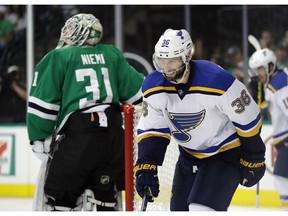 DALLAS, TX - MAY 11:  Troy Brouwer #36 of the St. Louis Blues celebrates a goal in front of Antti Niemi #31 of the Dallas Stars in the second period in Game Seven of the Western Conference Second Round during the 2016 NHL Stanley Cup Playoffs at American Airlines Center on May 11, 2016 in Dallas, Texas.