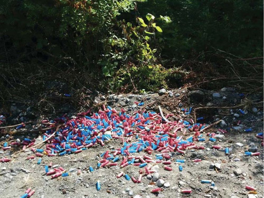 Shotgun shells and rifle cartridges litter the ground at an area near Stave Lake.