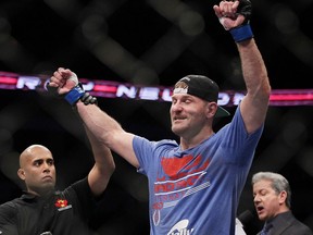 Stipe Miocic, shown celebrating a 2013 victory, meets Fabricio Werdum in a heavyweight title fight Saturday.