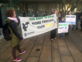 Supporters of the environmental organization The Wilderness Committee protest outside B.C. Supreme Court in Vancouver, Monday, Jan.19, 2015. The Wilderness Committee will appear in court to defend against a defamation lawsuit brought by Taseko Mines Ltd.