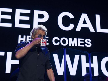 VANCOUVER May 13 2016. The Who's Roger Daltrey carries a union jack mug as he appears on stage for a concert at Rogers Arena, Vancouver, May 13 2016.