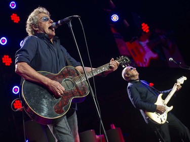 VANCOUVER May 13 2016. L-R. The Who's Roger Daltrey and Pete Townshend perform in  concert at Rogers Arena, Vancouver, May 13 2016.