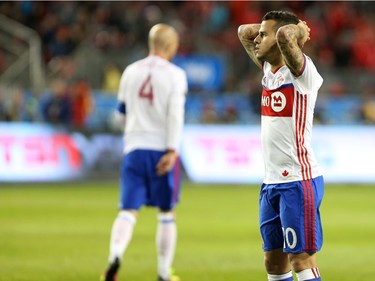 Toronto FC forward Sebastian Giovinco (10) pauses after his team narrowly missed an opportunity to tie the game against Vancouver Whitecaps late in the second half of MLS action in Toronto on Saturday, May 14, 2016.