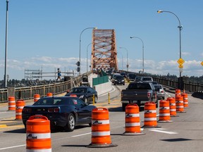 Traffic is down to one lane in each direction on the Pattullo Bridge due to the rehabilitation project.