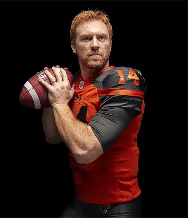 Quarterback Travis Lulay models the B.C. Lions’ new adidas-produced home jersey for the 2016 CFL season, part of a league-wide revamp of team uniforms.