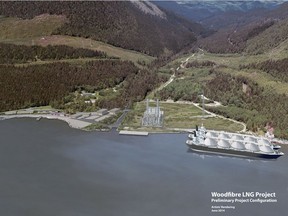 The federal labour minister was told earlier this year to give a positive signal to liquefied natural gas companies on the use of temporary foreign workers, but only if Canadians were considered first for jobs. This is an artists rendition of the Woodfibre LNG plant that is seeking approval to operate outside of Squamish.