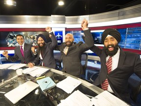The broadcast crew, from left, Randip Janda, Harnarayan Singh, Harpreet Pandher, Bhupinder Hundal are becoming known for their colourful commentary on NHL Stanley Cup final games. Mark van Manen/ PNG