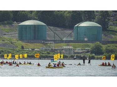 Climate change activists surrounded the Kinder Morgan marine terminal on land and water in Burnaby on May 14, 2016.