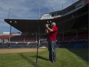 Gregory Ould belts out the national anthem at a try-out for anthem singers at Nat Bailey stadium in Vancouver, BC Saturday, May 14, 2016.