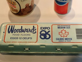 An egg carton from Woodward's department store with the Expo '86 logo is part of a new exhibition at the Museum of Vancouver.