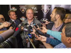 Vancouver Giants majority owner Ron Toigo speaks to the media at the Langley Events Centre on Tuesday. The team announced they are moving from Vancouver's Pacific Coliseum to the LEC for the 2016-17 WHL season. Ric Ernst/PNG