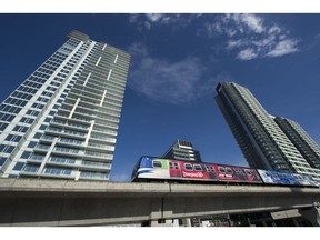 Apartment towers and other new developments around the Canada Line station at Cambie Street and Marine Drive in Vancouver.