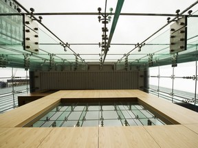 The sky box meeting room in the cantilevered space over Richards Street in the Telus Garden building.