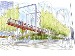 A five-metre high elevated walkway extending over the sidewalk will be part of a new park at Smithe and Richards in downtown Vancouver. The park will cost $6 million. The architectural rendering is by Dialog Design.