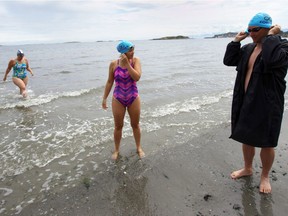 Susan Simmons, left, Jill Yoneda and Dale Robinson have been training for a marathon swim they hope will raise awareness about the unique waters surrounding the Great Bear Rainforest. — VICTORIA TIMES COLONIST