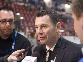 West Kelowna Warriors head coach and general manager Rylan Ferster talks to media at the Royal Bank Cup in Lloydminster, Sask., on Sunday May 22, 2016. The Warriors defeated the Lloydminster Bobcats 4-0 Sunday to claim their first ever national junior A hockey championship. — Postmedia News