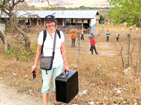 The writer, Charlotte Siemens travelling with the accordion.
