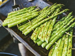 Grilled Asparagus Rafts with Sorrel Cream.