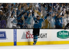 Joonas Donskoi celebrates his overtime goal against the Pittsburgh Penguins that gave the of the San Jose Sharks a 3-1 victory, but they still trail the Stanley Cup final series 2-1.