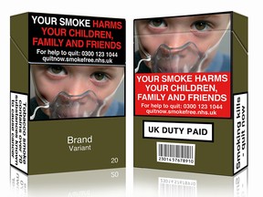 This file photo released by Action on Smoking and Health in London on May 19, 2016, shows a mock-up design of a standardized cigarette pack. AFP PHOTO / ASH (UK)