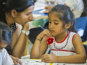 Banreet Chahal, left, and her five-year-old daughter Virpal Chahal work together during an after-school reading program for pre-kindergarten children and their parents named Reading Rascals and partly funded by The Vancouver Sun's Raise-a-Reader initiative at Harry Sayers elementary school in Abbotsford.