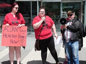 Low income Surrey residents demonstrate against the lack of affordable housing in the city.
