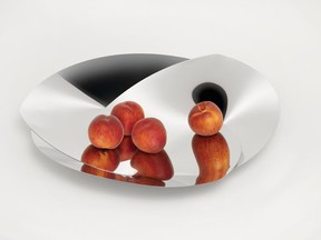 Alessi's Resonance fruit holder, designed by Abi Alice, reveals the designer's interest in mathematics and geometry, translated into sculptured three-dimensional forms by cutting, folding and curving sheet steel.