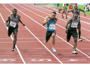 Andre De Grasse, centre, of Markham, Ont., is shown winning the 100 metres at the Oslo Diamond League meet ahead of Americans Ameer Weeb, left, and Michael Rodgers.