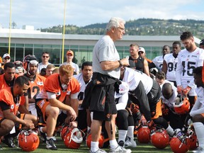 B.C. Lions GM-head coach Wally Buono has his players' attention during the Canadian Football League team's training camp in Kamloops this week.