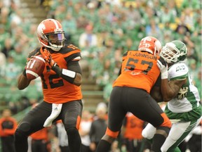 B.C. Lions quarterback Keith Price looks for an opening against the Saskatchewan Roughriders during first half pre-season CFL action in Regina on Saturday. Smith was three-for-seven for 32 yards against his former team.